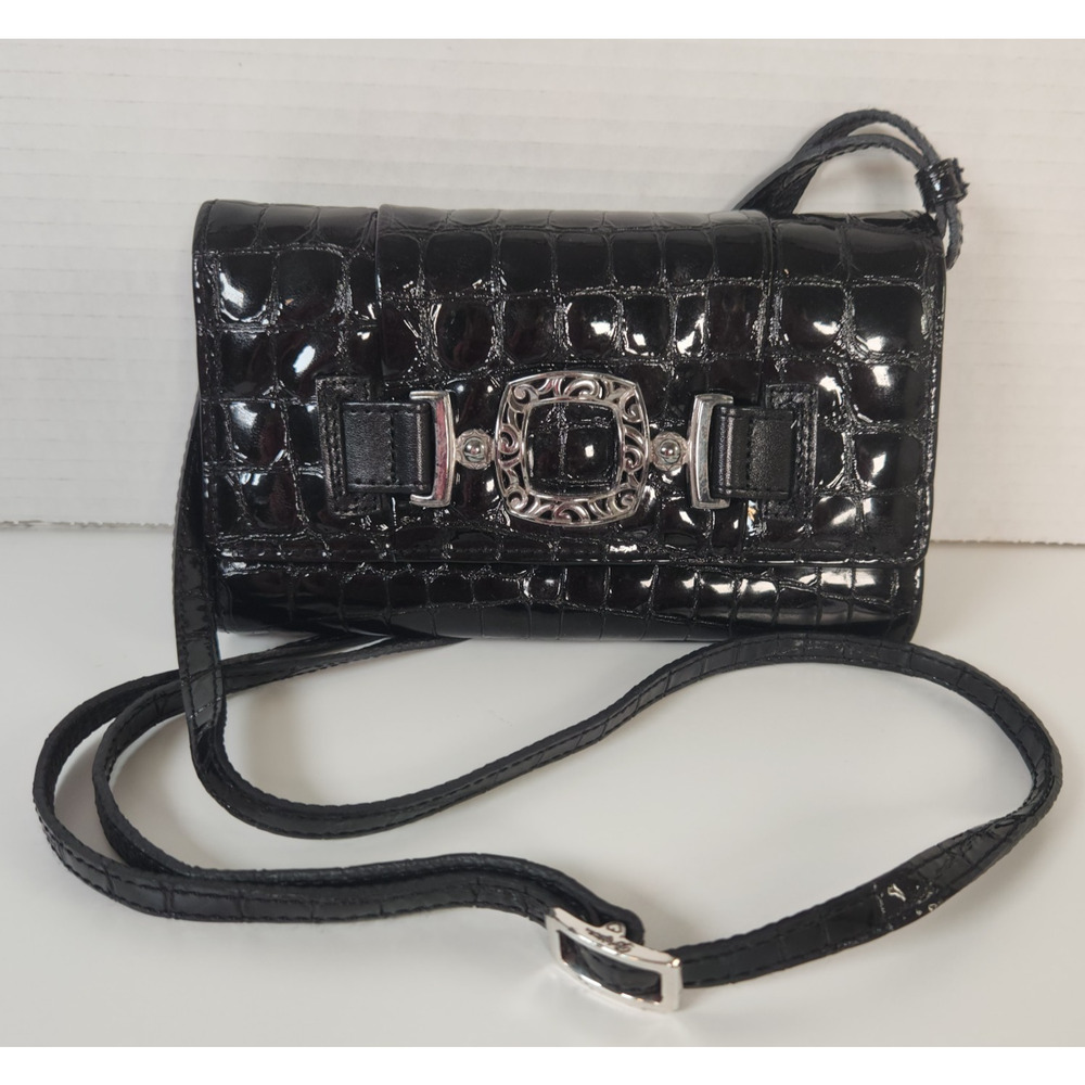 BRIGHTON Black CrocEmbossed Leather Flap Crossbody Clutch Organizer Wallet Purse